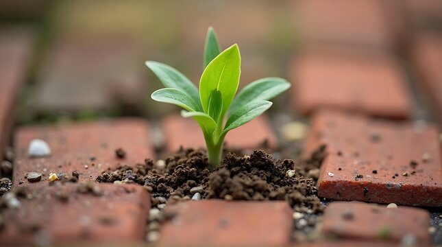 Resilient Young Plant Thriving in a Crack Between Clay Bricks