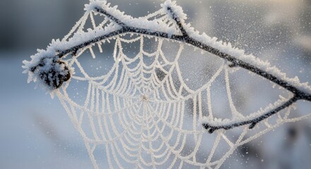 Icy Cobweb on Branch with Delicate Frost in Winter
