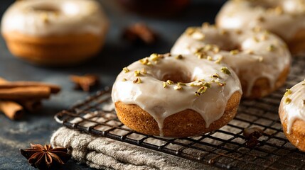 A baked chai donuts topped with maple glaze, set on aged wire rack, warm cloth napkin, spices scattered, soft lighting