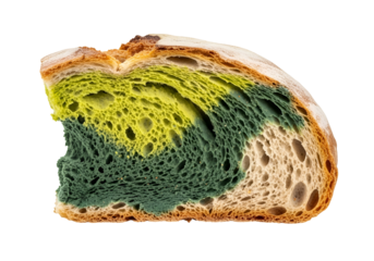 A close-up view of a bread slice, displaying a striking pattern of vibrant yellow and deep green mold, highlighting the porous texture of the bread.