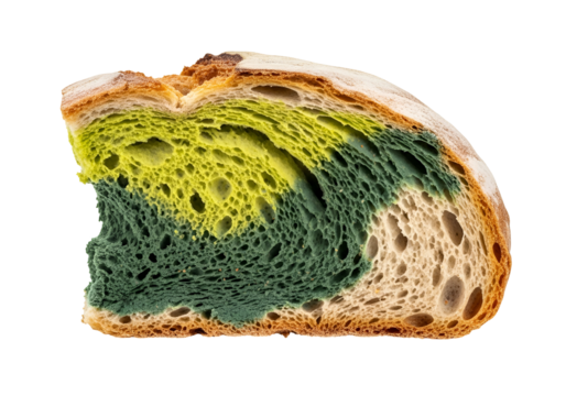 A close-up view of a bread slice, displaying a striking pattern of vibrant yellow and deep green mold, highlighting the porous texture of the bread.
