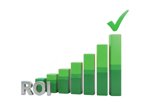 Green bar chart showing upward trend with roi label and checkmark isolated on transparent background