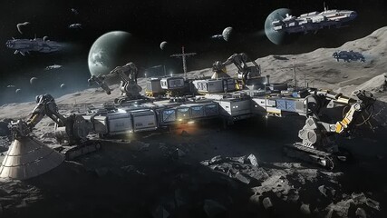 Futuristic lunar base with robotic arms exploring space - Powered by Adobe