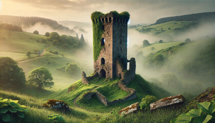 Stone Tower Ruins in Misty Green Landscape, 16:9