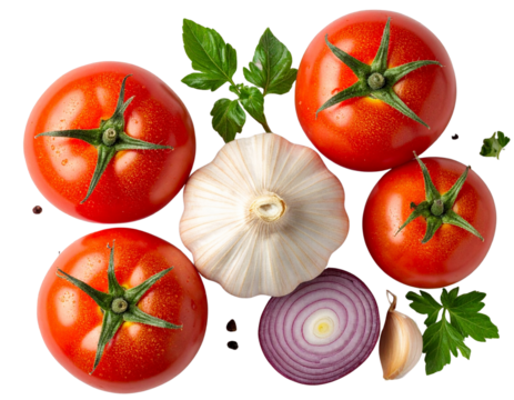 Tomato Cluster with Onion and Garlic, Top View, isolated on transparent background.