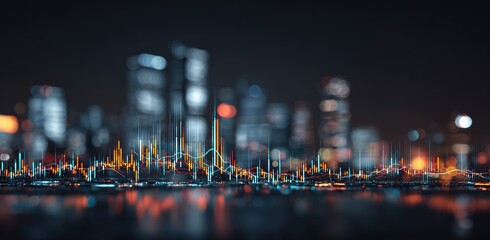 Abstract cityscape at night, overlaid with data visualizations