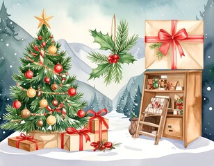 Watercolor Christmas scene with a tree, presents, and mountains
