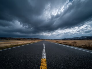 Naklejka premium 嵐の空と一直線に伸びる田舎道