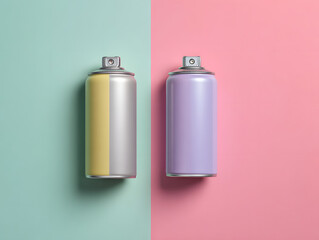 Two spray cans, one yellow and silver, one purple, on split background