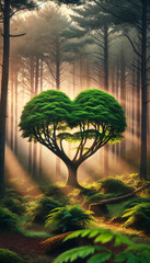 Heart-Shaped Tree Surrounded by Morning Fog in Forest, 3:4