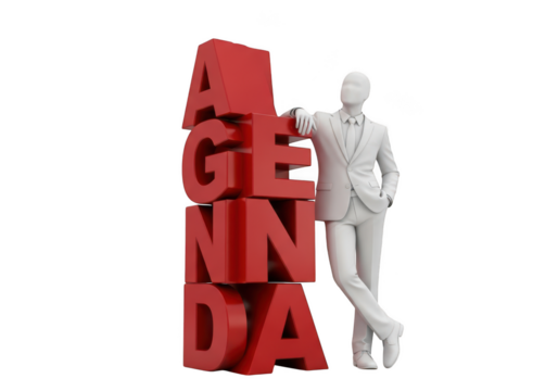 Man in suit leaning on red stacked letters spelling agenda isolated on transparent background