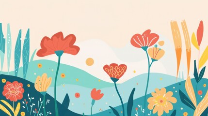 Bright Spring Illustration: Hand-Drawn Sea of Flowers with Yellow, White & Red Blooms for Wallpaper