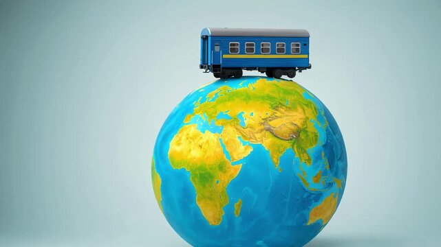 3D passenger coach on tiny planet isolated on white background