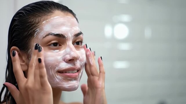 Young Woman Applies White Facial Mask in Bright Bathroom With White Tiles For Skincare Treatment And Self Care Routine To Improve Complexion And Achieve Youthful Natural Hygiene