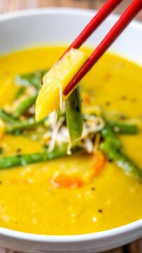 Yellow soup with veg. Chopsticks pick up a slice of potato, bean sprouts, string beans, and small carrot slices in a white bowl, close up