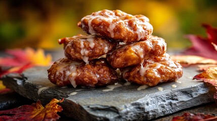 A buttermilk apple fritters with cinnamon glaze, stacked casually on matte stone slab, fallen leaves scattered around, cozy and inviting setup, bokeh light play, autumn palette