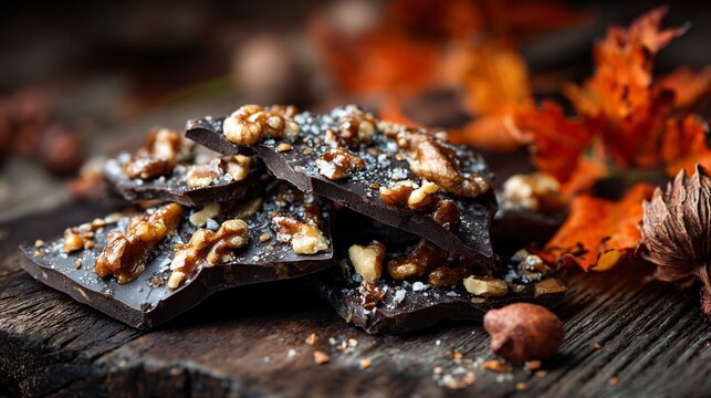 A candied walnut and dark chocolate bark broken in shards, styled with orange leaves and wood background, moody light - Powered by Adobe