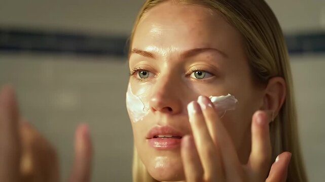 Young Woman Applying Cream on Face with Glitter Makeup in Mirror for Radiant Skin and Beauty Routine in Eye Level Portrait with Blonde Hair for Cosmetic Ads and Promotion