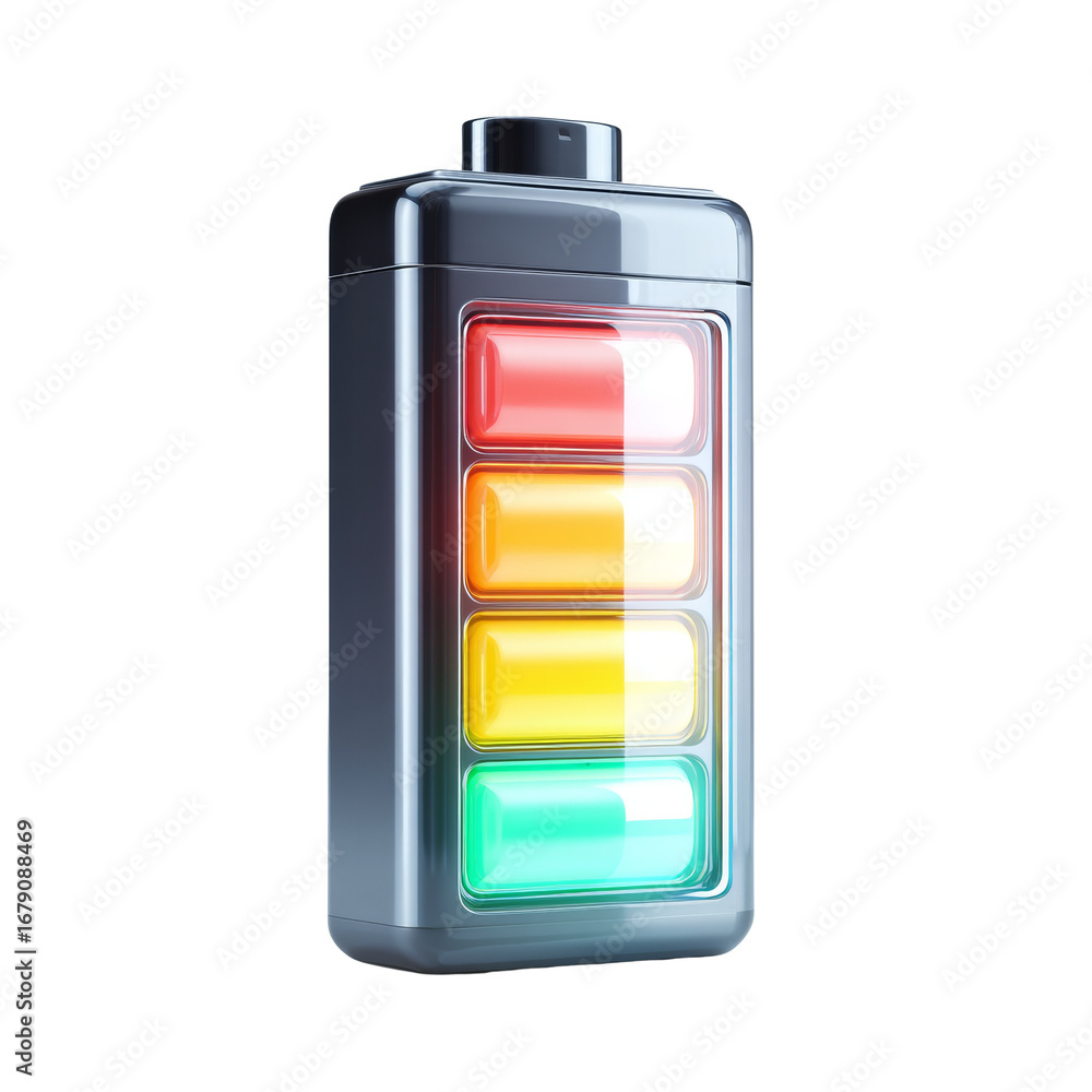Poster Battery icon visualization with a status bar indicating charging levels and energy consumption