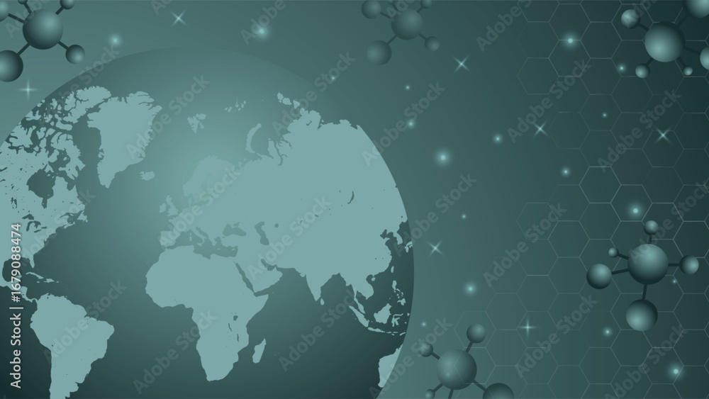 Aufkleber abstract background featuring world map with molecules hexagonal grid and glowing lights perfect for
