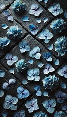 Blue Hydrangea Petals Scattered on Dark Slate Surface, 3:4