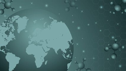 Abstract background featuring world map with molecules hexagonal grid and glowing lights perfect for science technology medicine research education and global innovation projects