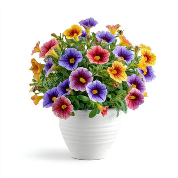 Colorful calibrachoa flowers bloom in white pot with green leaves