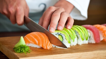 Chef's hands expertly slicing a colorful sushi roll.
