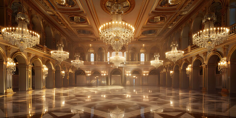 Opulent ballroom: crystal chandeliers illuminate marble floors, golden arches line walls, creating a grand, symmetrical, warm-toned, and elegant atmosphere, viewed from a wide angle.
