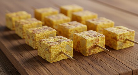 Paneer Tikka Skewers on Wooden Board.