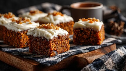 A carrot cake with golden raisin frosting, cut into square slices, wood serving board, cozy checkered cloth, moody fall tones
