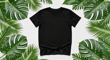A black t shirt surrounded by vibrant green tropical leaves creating a natural and minimalist composition