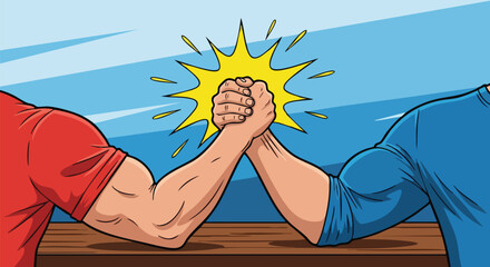 Cartoon Arm Wrestling Match Depicting Power and Competition, Illustrating Strength and Rivalry, Showcasing Human Endeavor in a Stylized Way