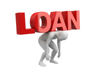 Stressed person struggling to carry heavy red loan text isolated on transparent background