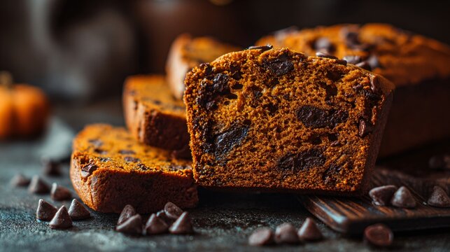 A chocolate chip pumpkin bread, sliced and slightly stacked, deep amber color palette, flat lay with soft focus area for copy - Powered by Adobe