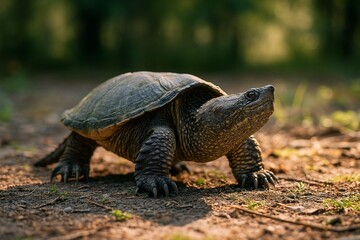Realistic Photograph of a Common Snapping Turtle in Sunlit Forest