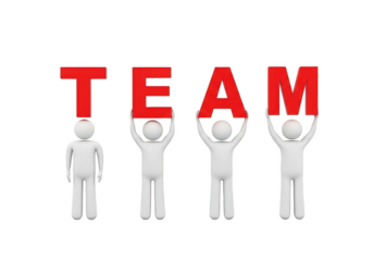 Four stick figures holding up red letters spelling out the word team isolated on transparent background