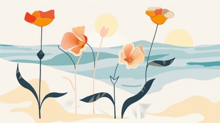 Obraz premium Bright Spring Illustration: Hand-Drawn Sea of Flowers with Yellow, White & Red Blooms for Wallpaper