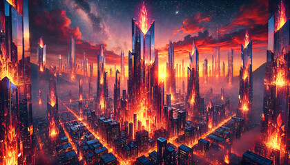 Obraz premium Twilight Flames Reflecting on Crystal Towers – 16:9