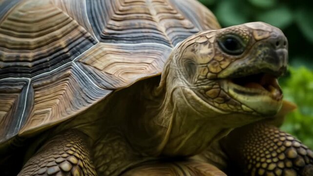 Close-up of a tortoise with a patterned shell in natural setting