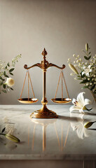 Golden Balance Scales on Marble Table with White Flowers, 3:4