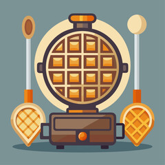 A waffle iron is open and a spoon is in the waffle iron. A bowl of coffee is on the table next to the waffle iron