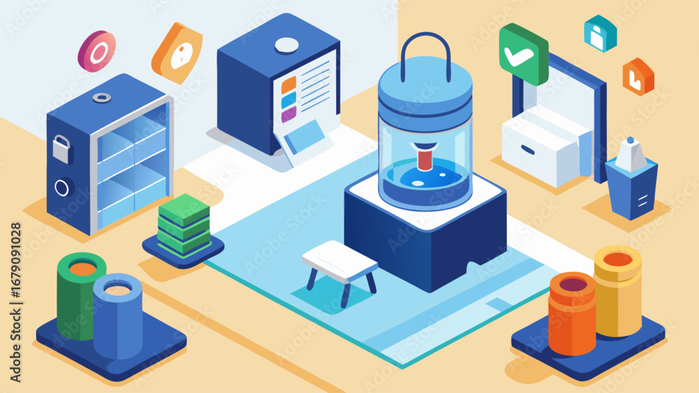 Poster a colorful drawing of a lab with a blue container on a table. the container has a green label on it