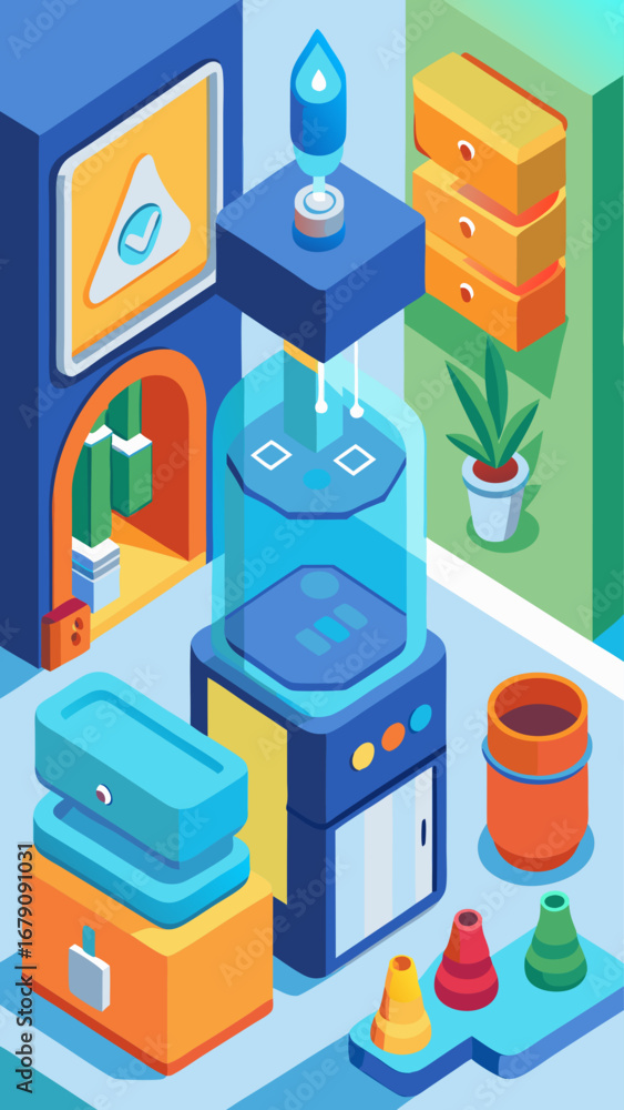 Poster a colorful drawing of a lab with a blue container on a table. the container has a green label on it