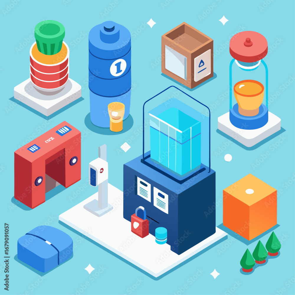 Poster a colorful drawing of a lab with a blue container on a table. the container has a green label on it