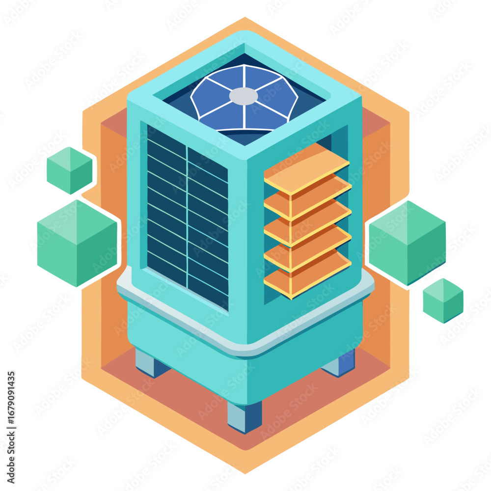 Aufkleber a building with a blue and orange roof. the building is made of cubes. the cubes are in different si