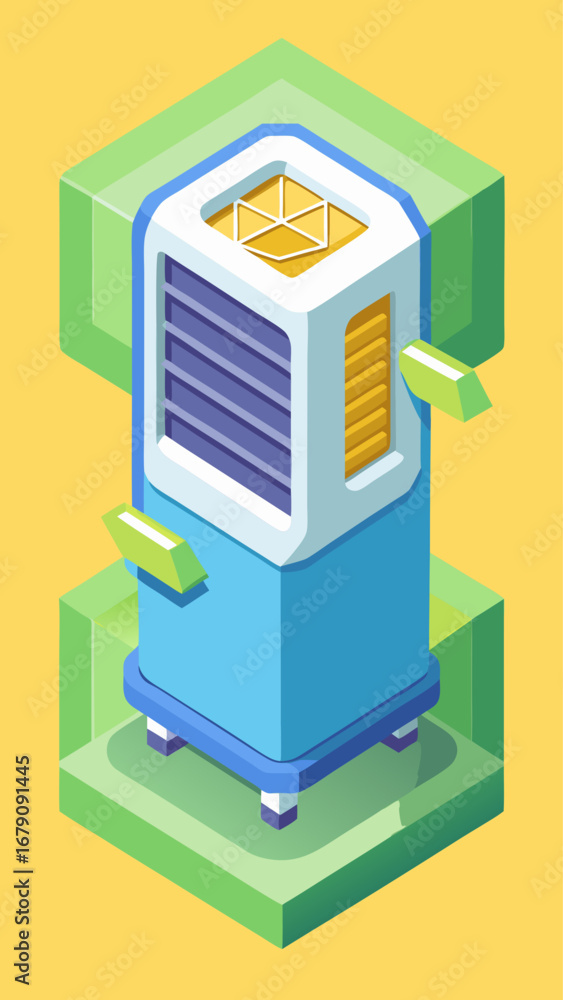 Poster a building with a blue and orange roof. the building is made of cubes. the cubes are in different si