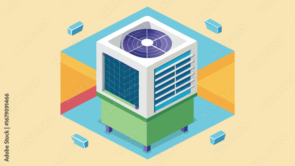 Poster a building with a blue and orange roof. the building is made of cubes. the cubes are in different si