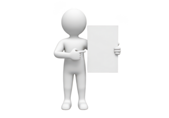 White 3d stick figure character holding a blank white sign isolated on transparent background