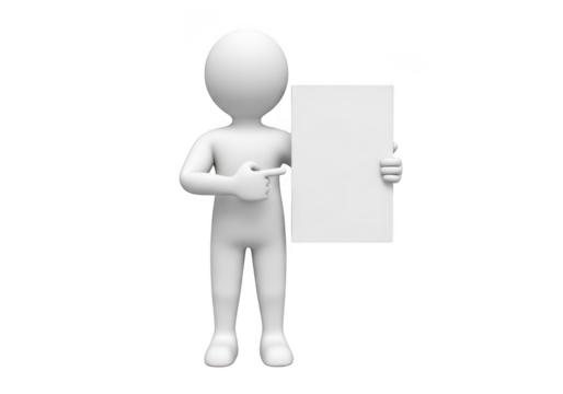 White 3d stick figure character holding a blank white sign isolated on transparent background - Powered by Adobe